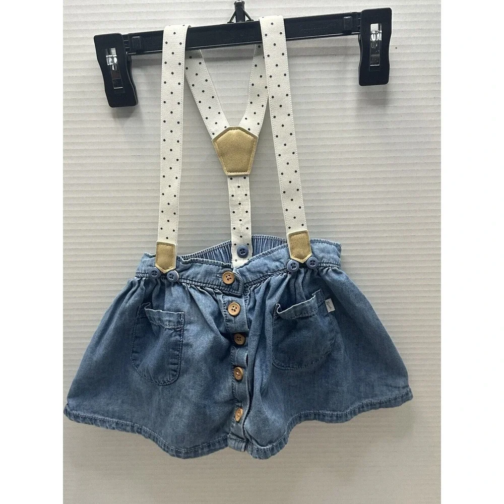 Oshkosh B'gosh Girl Denim Skirt W/ Rose Gold Accented Polka Dot‎ Suspenders 12M
